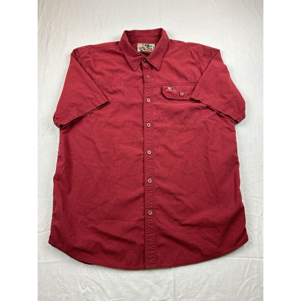 Mossy Oak Ripstop Button Up Shirt Mens L Red Pockets Logo Short Sleeve